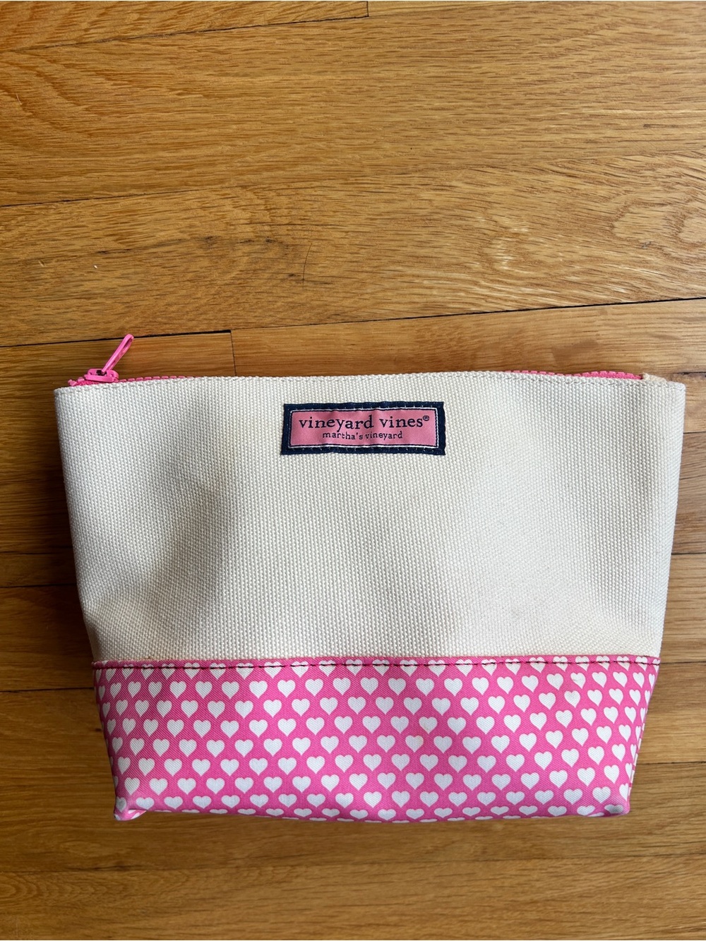 Vineyard Vines Cream Canvas Cosmetic Pouch with Pink Heart Base